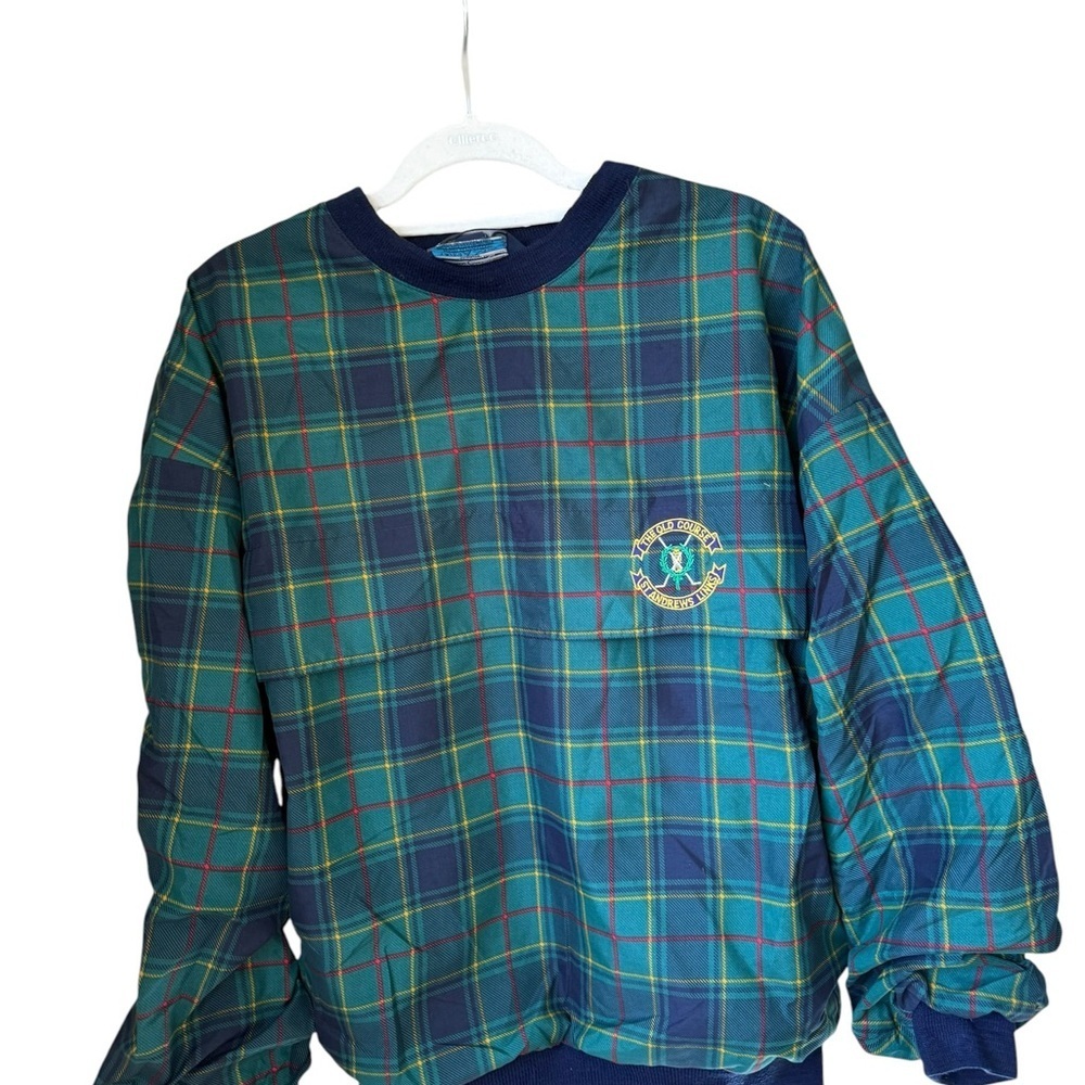 VINTAGE Green Plaid Crewneck Jacket with Embroidered Crest